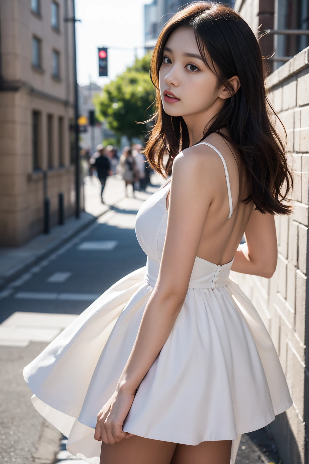 (8k, RAW photo, best quality, master:1.4), ultra high res, (realistic, photo-realistic:1.48),omertosa,1girl,(Kpop idol), (aegyo sal:1), cute, (super bokeh night city center:1.25), bokeh, night, traffic lights, road signs, rain, after rain, wet, professional lighting, detail lighting, photon mapping, radiosity, physically based rendering, white pantyhose bloom, backlighting, depth of field , natural light, hard focus, film grain, one meter shooting distance, professional shot, shot with sony a9 II mirrorless camera, detailed eyes, realistic eyes, detailed shadows, looking at viewer, dog ears, detailed lighting, dress , black dress, long legs, black stockings, (detailed hair, realistic hair, realistic lighting, realistic shadows, realistic clothing), realistic skin, (gun on waist: 1), from above Realistic light reflection, ((back arm)), (back hands) tube top sexy night wet rain white stockings