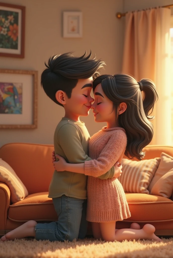 A couple hugging, The girl is smiling, she is of robust build with wide legs, small ears and light complexion., wide nose big brown eyes hair in a bun and straight curtain bangs, She wears a beige tank top and black jeans. The boy with a thin build, tez morena, He wears square glasses, a wide nose, small eyes, short dark straight hair, small ears, and wears black jeans and a gray t-shirt. He is the protagonist of a Disney Pixar movie. Digital art.