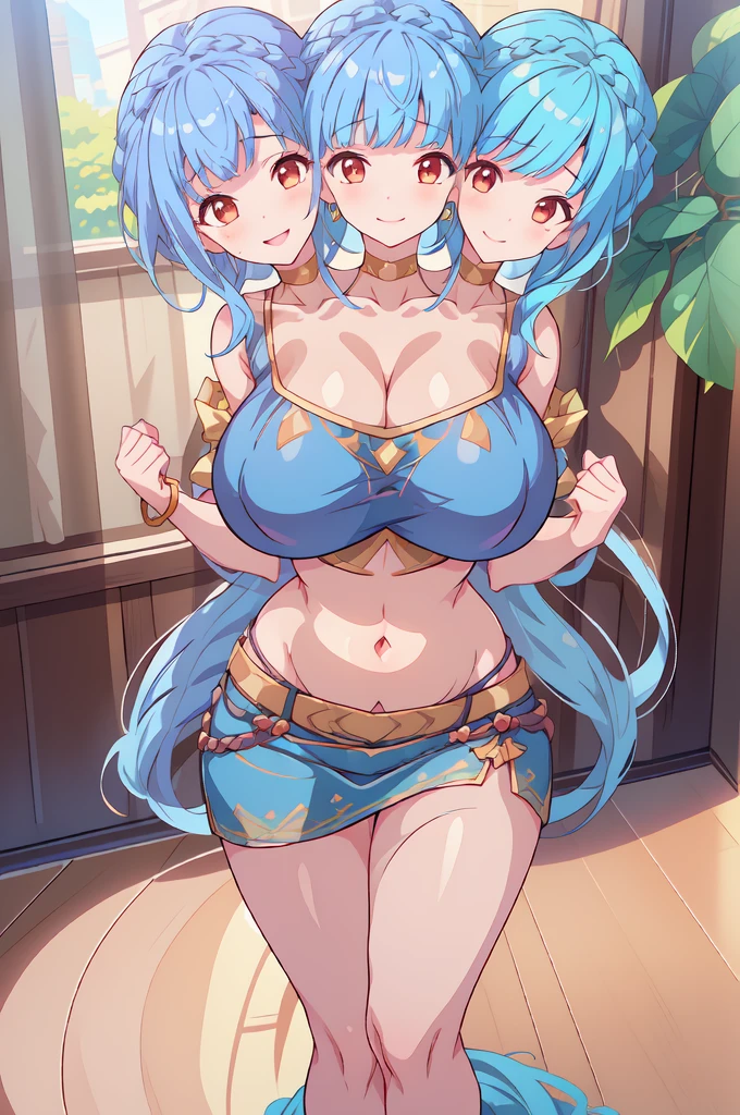 (masterpiece, best quality),best quality, best resolution, (ultra-detailed), ((3heads:1.5)), 1girl, (keiki haniyasushin:1.3), masterpiece, best quality, ultra quality, ultra resolution, yellow top, crop top, ((stomach)), midriff, ((groin)), yellow skirt, miniskirt, normal ears, shackles, sky (light blue hair:1.5), (same hair color), (blunette:1.5), very long hair, wavy hair, beautiful eyes, red eyes, parted lips, smiling, soft smile, cute smile, cute, toned belly, hand on own chest, eyelashes, (2 woman:1.3), (masterpiece:1.5), (best quality:1.5), (beautiful detailed), extremely detailed CG, extremely delicate and beautiful, depth of field, (finely detailed face), (perfect details:1.2), (mature female:1.3), wide pelvis, slender, large veiny breast, 16k resolution, highres, high quality, high definition, extremely detailed, masterpiece, sky blue hair, long hair, alluring presence, twin braid, short skirt, close up, very big breasts, huge breasts, young, green handkerchief, (wearing a haniwa;1.4), kofun period clothing, three headed girl, 3heads,
