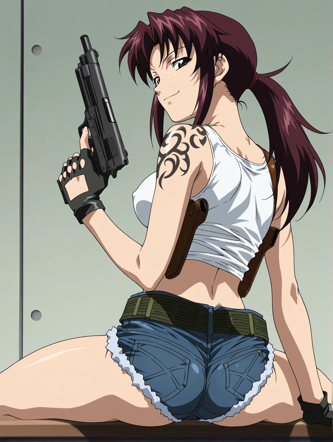 Katsuragi_Misato,
1girl, gun, weapon, handgun, pistol, solo, holding_gun, jewelry, katsuragi_misato, necklace, underwear, barefoot, black_panties, trigger_discipline, panties, clothes_pull, long_hair, lingerie, jacket, kneeling, breasts, blue_hair,
high detail,Cinematic light, intricate detail,highres, high detail,detailed,best quality,