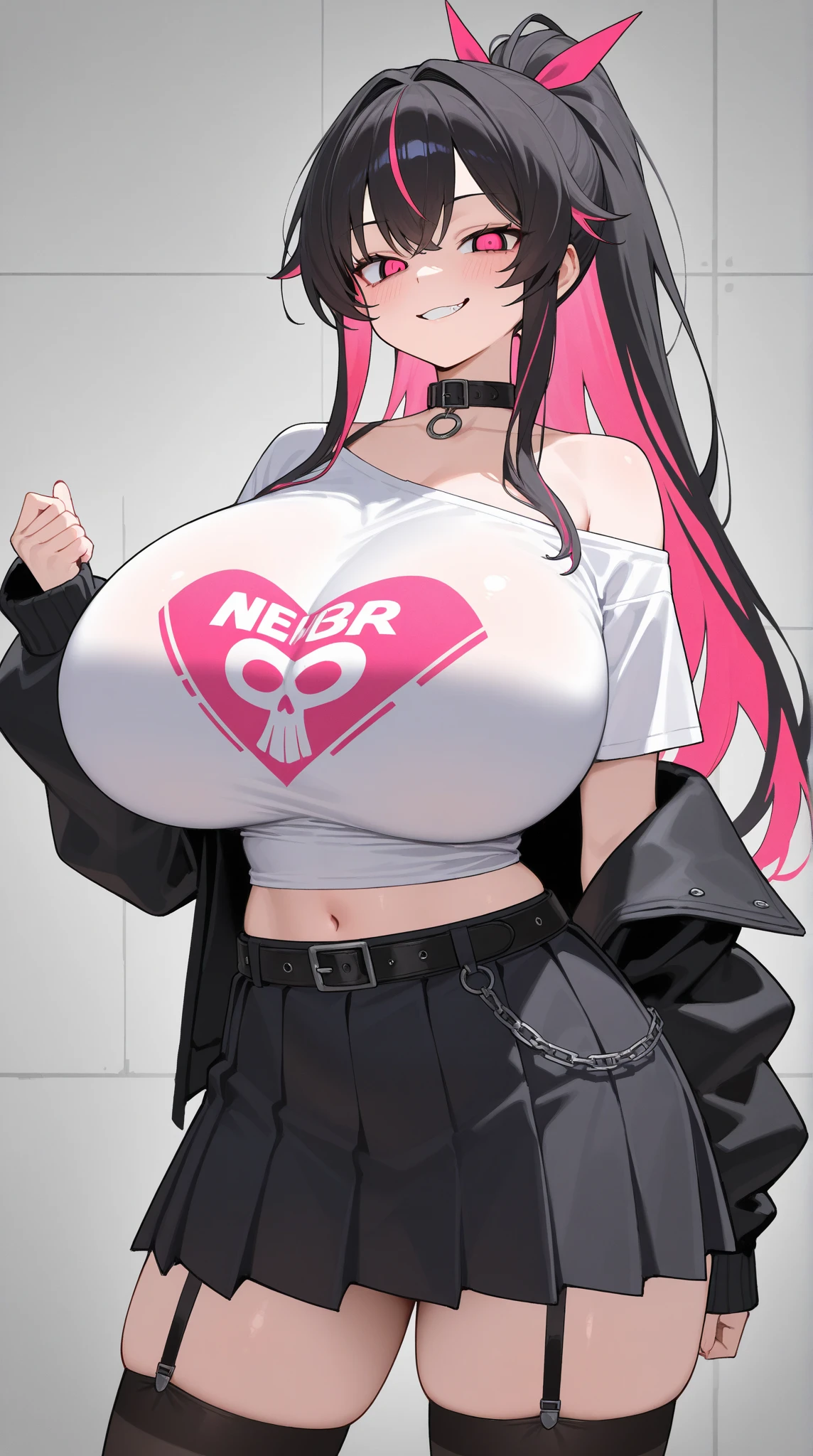score_9, score_8_up, score_7_up, 1girl,solo, upper body,looking at viewer, white background, voluminous long hair, multicolored hair, makeup , parted lips, black lips, eyeliner, gothic, goth woman, gigantic breasts, sweater