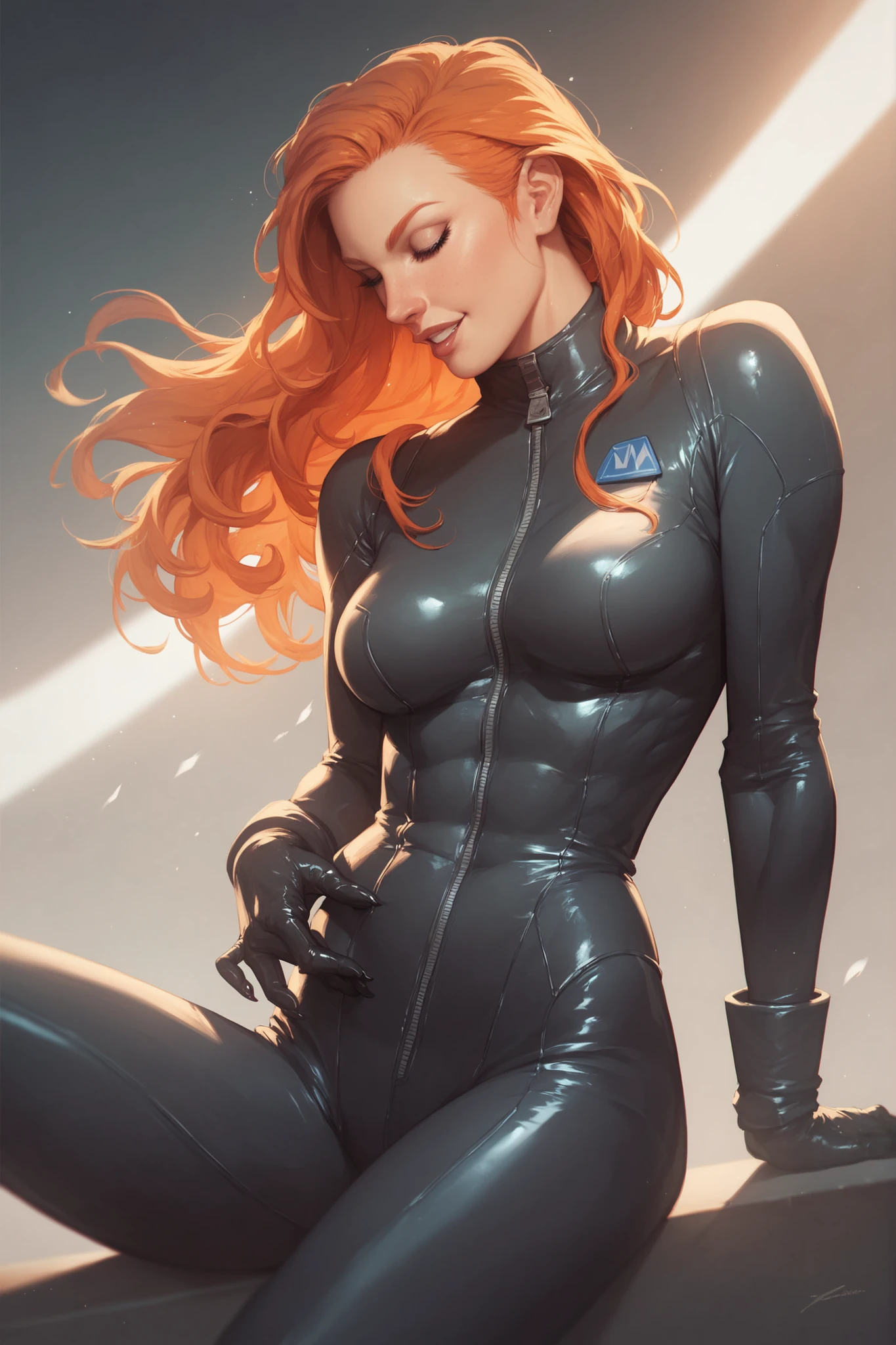 (best quality,8k:1.2,high resolution:1.2),ultra-detalhado,Realistic,science fiction female superhero,retro futurism,cabelos orange,belos olhos detalhados,beautiful detailed lips,olhos e rosto extremamente detalhados,long eyelashes,Transparent orange latex leotard,Apertado,see-through orange tights,Shiny Metal Accessories,fundo branco neutro,profissional,vivid colors,Physically-based rendering,foco nítido,studio lighting,artistas conceituais