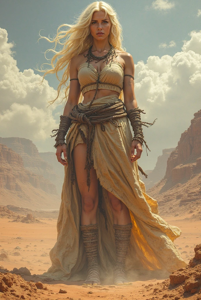 (masterpiece), cartoon, best quality，(photo_(medium):1.0), by Antonio J. Manzanedo, by Jeremy Lipking, lightning, in a surreal sand desert landscape, sand storm. painting style with watercolor, Brushstrokes, black  eyes,colorful，vibrant colors,1 ultra hot gorgeous European woman. Blonde hair. Casual clothes.