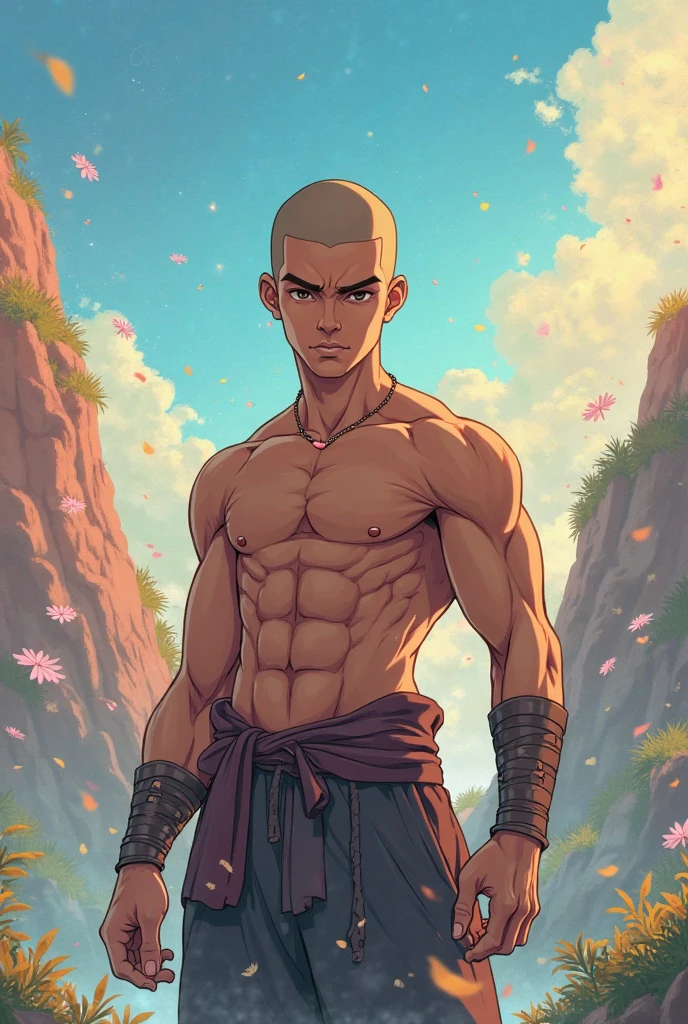 make a bald monk with silver eyes without a shirt with a well-defined body with approximately 1,70cm tall full body profile front view with anime style