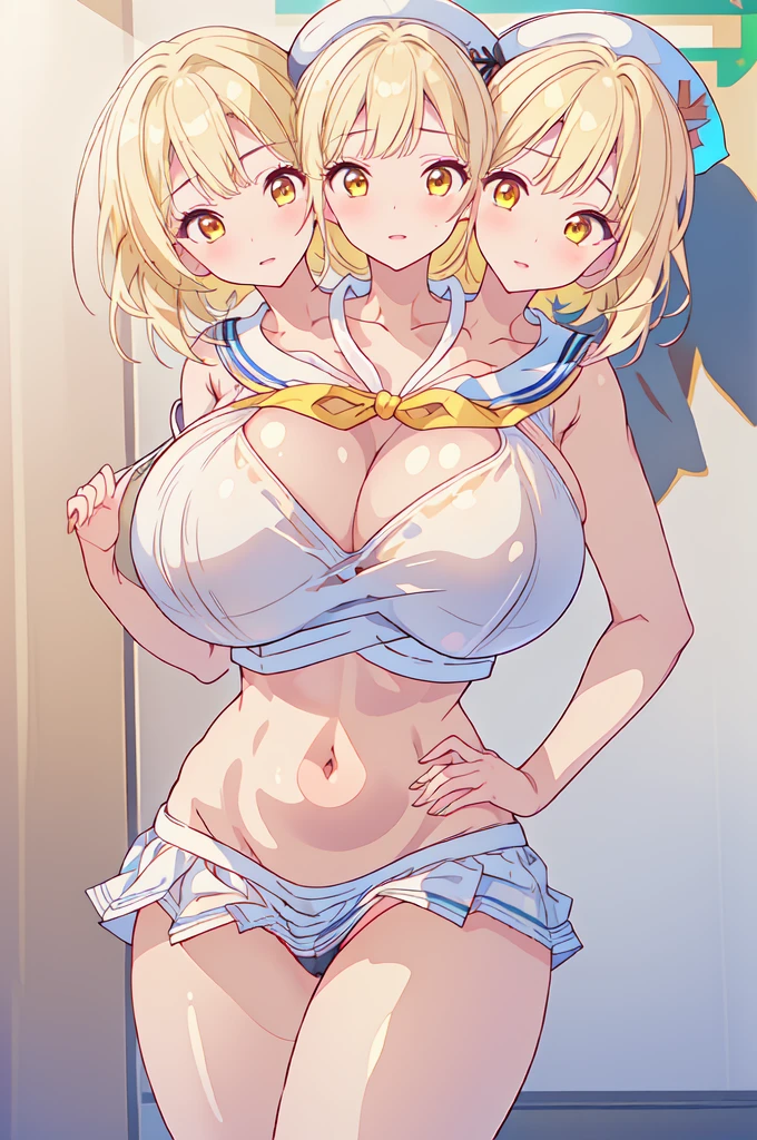 (masterpiece, best quality),best quality, best resolution, (ultra-detailed), ((3heads:1.5)), 1girl, (mugetsu:1.3), masterpiece, best quality, ultra quality, ultra resolution, pink and blue top, crop top, ((stomach)), midriff, ((groin)), blue skirt, normal ears, shackles, blonde hair, very long hair, wavy hair, sidelocks, yellow eyes, ((detailed eyes)), ((beautiful eyes)), parted lips, cowboy shot, sweat, cute, toned belly, hand on own chest, eyelashes, (24 year old woman:1.3), (masterpiece:1.5), (best quality:1.5), (beautiful detailed extremely detailed CG, extremely delicate and beautiful, depth of field, (finely detailed face), (perfect details:1.2), (mature female:1.3), wide pelvis, slender, large veiny breast, 16k resolution, highres, very high quality, very high definition, extremely detailed, masterpiece, blonde hair, long hair, alluring presence, braid, short skirt, close up, big tits, huge , young, short hair, open belly, nsfw, looking at viewer, girl with three heads, three headed girl, ((blonde)),