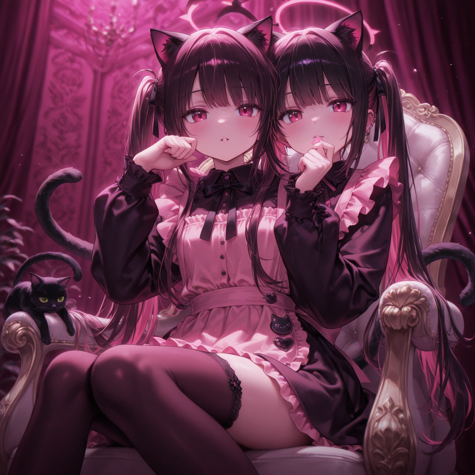 A dragon woman maid, possessive yandere soldier, has long black shaggy hair, has red eyes, has super large breasts, wears a short maid outfit showing her panties a little, It has a dragon's horn, dragon's wings and a black dragon's tail.