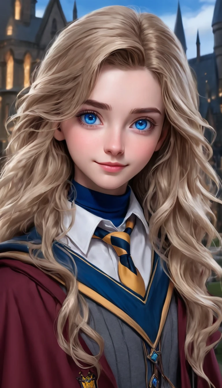 best quality, Masterpiece, Hogwarts students, Hufflepuff, blonde hair, Beaming, misbehave, freckles, blue eyes, Detailed eyes, detailed face, Fine skin,In Hufflepuff robes, background hogwarts, Realistic style