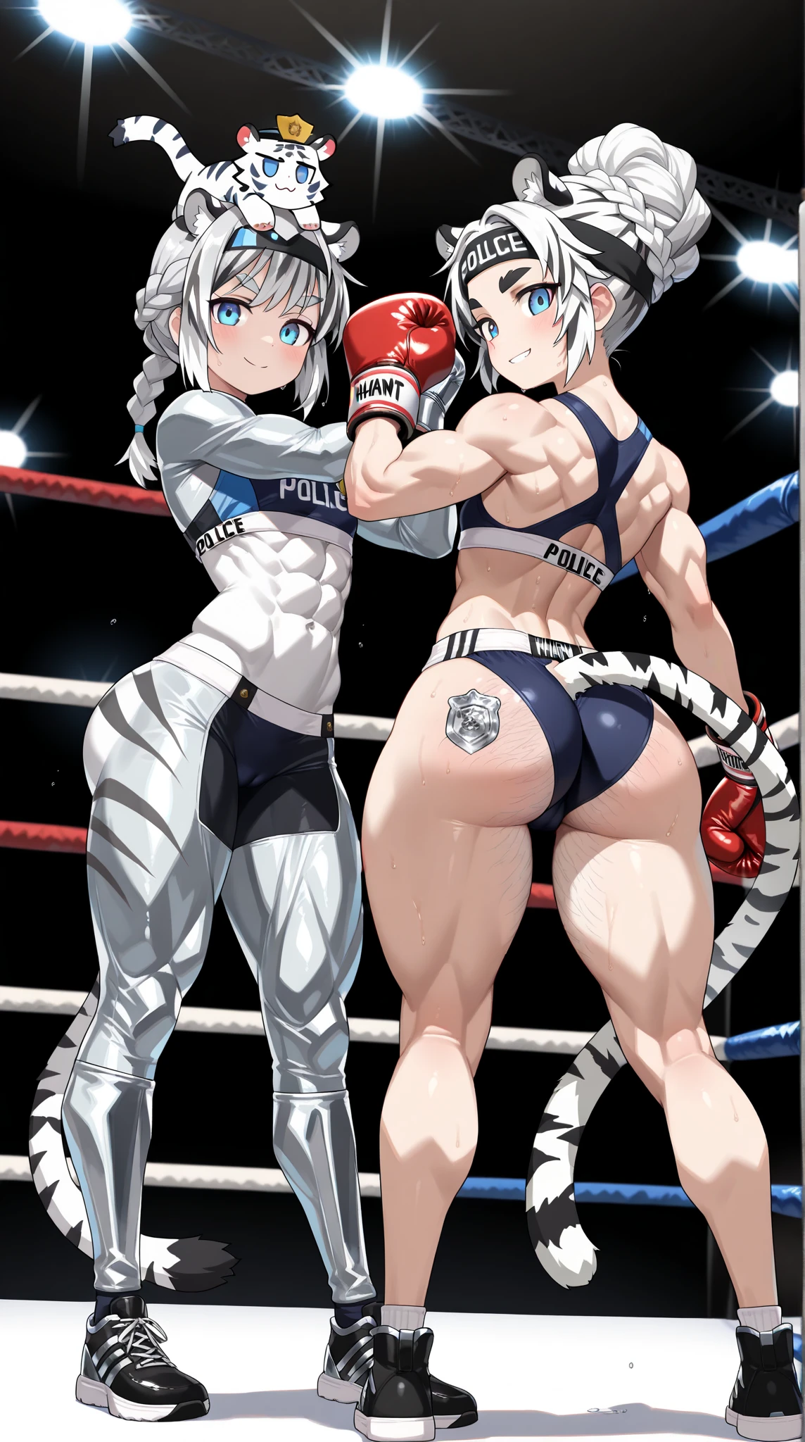 masuter piece、top-quality、8K、Impresionismo、Photorealsitic、Women's Pro Wrestling、dynamicposes、Leotard、dazzling lights、professional wrestling、An enthusiastic crowd is watching、Two women in latex wrestling costumes are posing for a picture、sex battle,