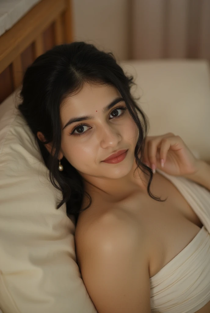 South indian  girl in red blaooj , big , sleeping on bed, and smilling and kajal in her eyes, big eyes and small bindi, 