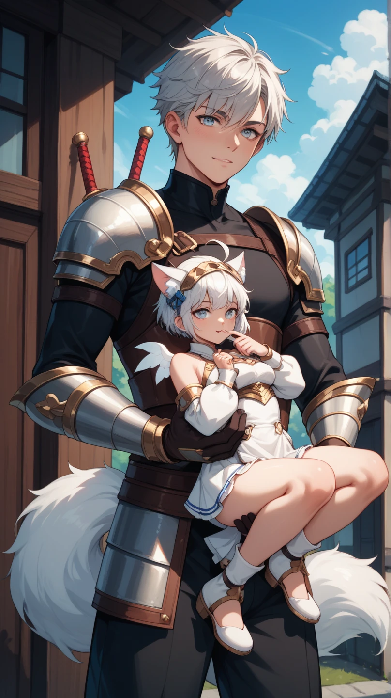 Wear medieval broken armor，Small children have white-haired rabbit ears and heads，Boy student，The slender fox has blue-black stripes on its tail，White belly fur，White rump hair，Blue-black tiger stripe legs，Long rabbit ears。(Medieval broken armor+White-haired rabbit ears+Blue-black striped fox tail+weeping+Long rabbit ears)，torture devices，terrifed，Medieval execution site background，Bundled，Scared to cry，weeping