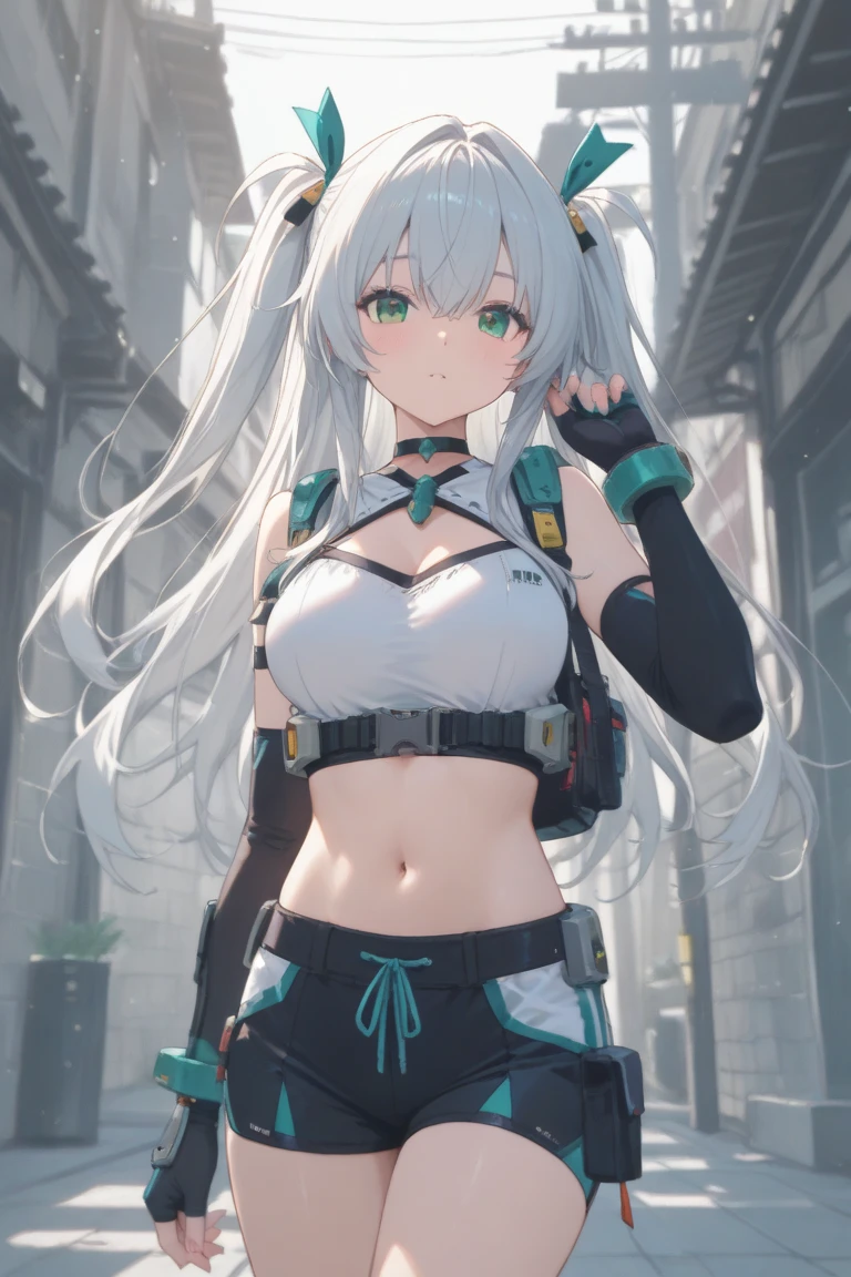 1girl, looking at the viewer, long hair, silver hair, midriff, navel, (miku), big boobs