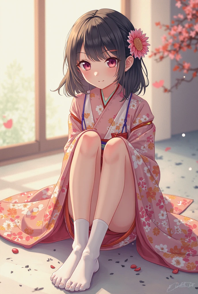 Beautiful girl wearing a short yukata with a white and red hem is squatting and touching her hair with one hand, looking at the camera, ((((background blur))), sandals with nose cords, bare feet, cotton underwear,