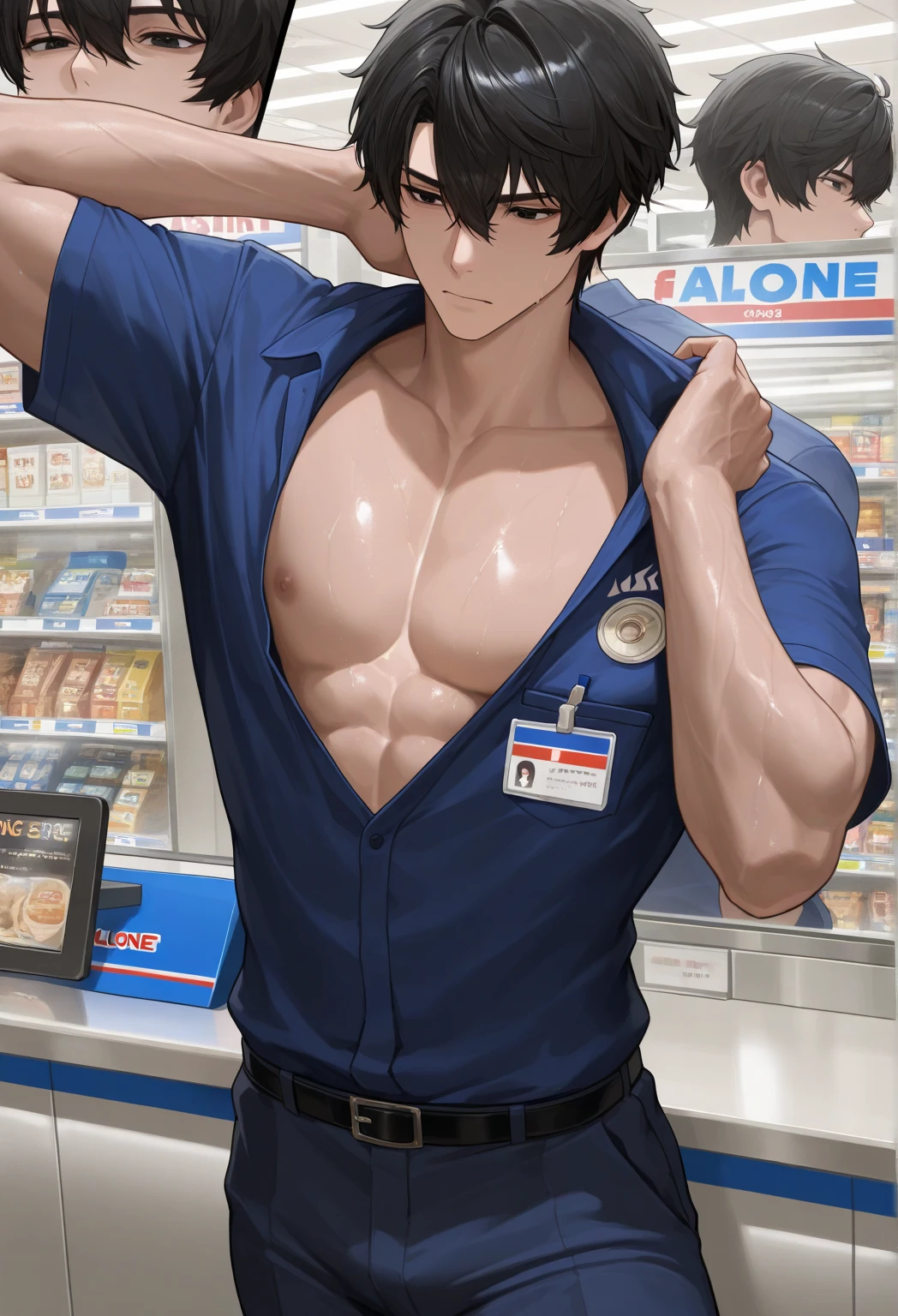 anime character with a shirt on and a belt around his waist, (sfw) safe for work, makoto shinka, makoto, oppai, gigachad muscular, muscular male hero, shinkai makoto, character from king of fighters, muscular!!, chun li at the gym, snk, extra detailed body, by Okada Beisanjin