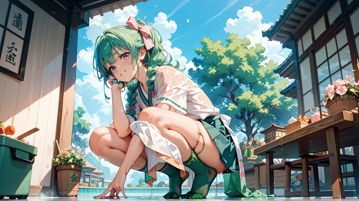 (best quality, masterpiece, highres), [[:✋,:0.5]::0.8], solo, 1girl, green hair, blue oversized shirt, no legwear, white panties, stud earrings, hair bow, blush, excited, bare barefoot, sitting_on_riverside, splashing, foot focus,