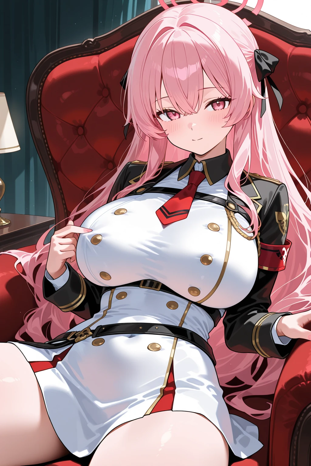 Score_9, score_8_up, score_7_up, score_6_up, source_anime, gyaru, slutty_clothes, expressiveh, aru_\(blue_archive\), pink hair, horns, halo, blunt bangs, long hair, embarrassed, salute, gold earrings, large breasts, cleavage, jewelry, military cap, military uniform, epaulette, jacket, harness, thigh strap, black thigh boots, layered skirt, miniskirt, smirk, dark theme, dark persona, skindentation, wide hips