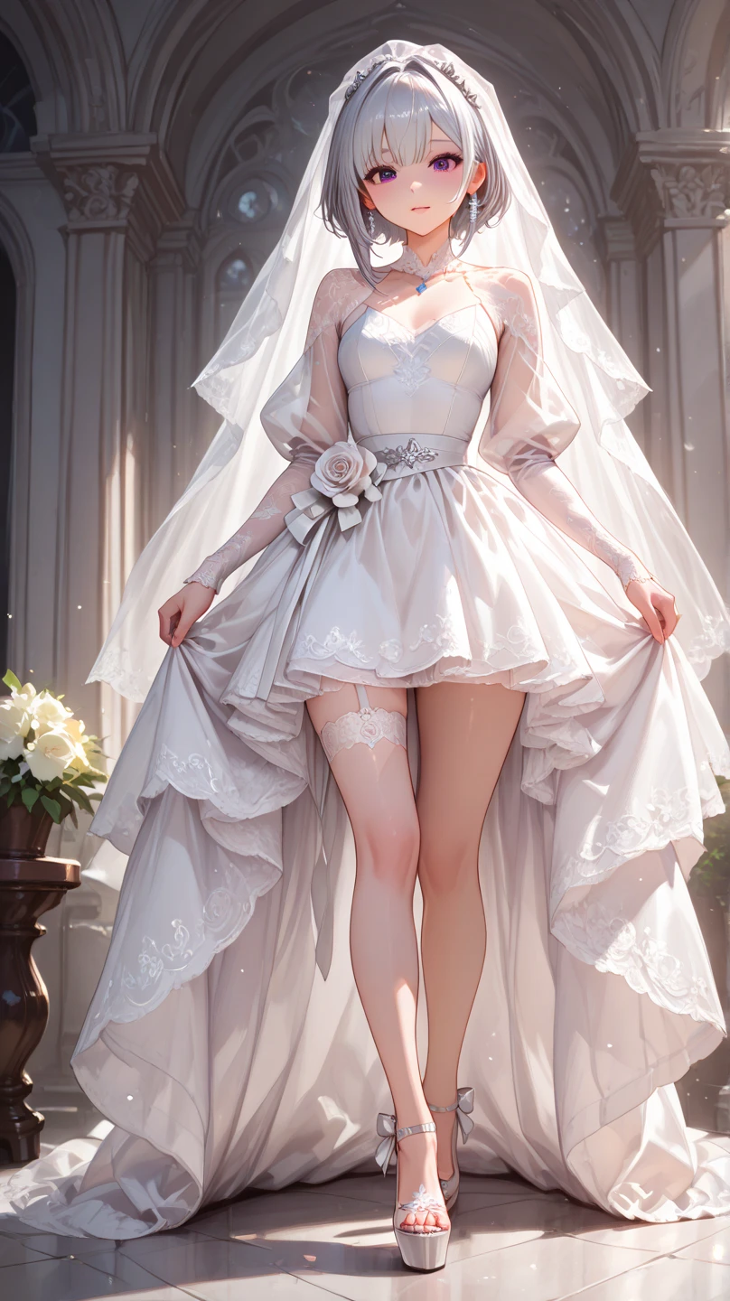 8k, Surreal, masterpiece, best quality, Super detailed, high resolution, random background, 1個Giant Breast Girl, (:1.5), Willow Yao, translucent dress,whole body,High heel,whole body,green hair,translucent wedding dress,garden,white dress,pink hair