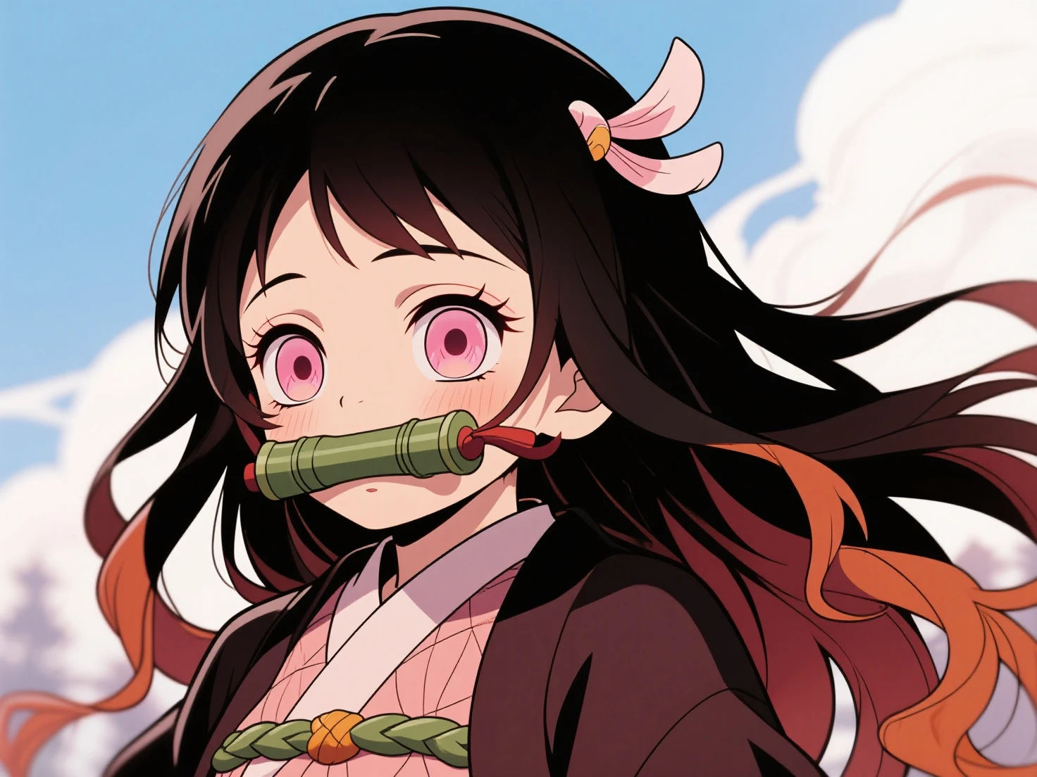 1 woman, full body, nezuko kamado oni mode, with bamboo in her mouth, demon slayer, Kimetsu no yaiba, beautiful, long hair, pink eyes, perfect, ultra hd, naked, showing her breasts, showing her pussy, nails like claws, perfect feet, demon slayer scenario, under a sakura tree, sakura leaves falling from the sky face ira, beautiful feet, beautiful pussy, beautiful teets, oppening legs