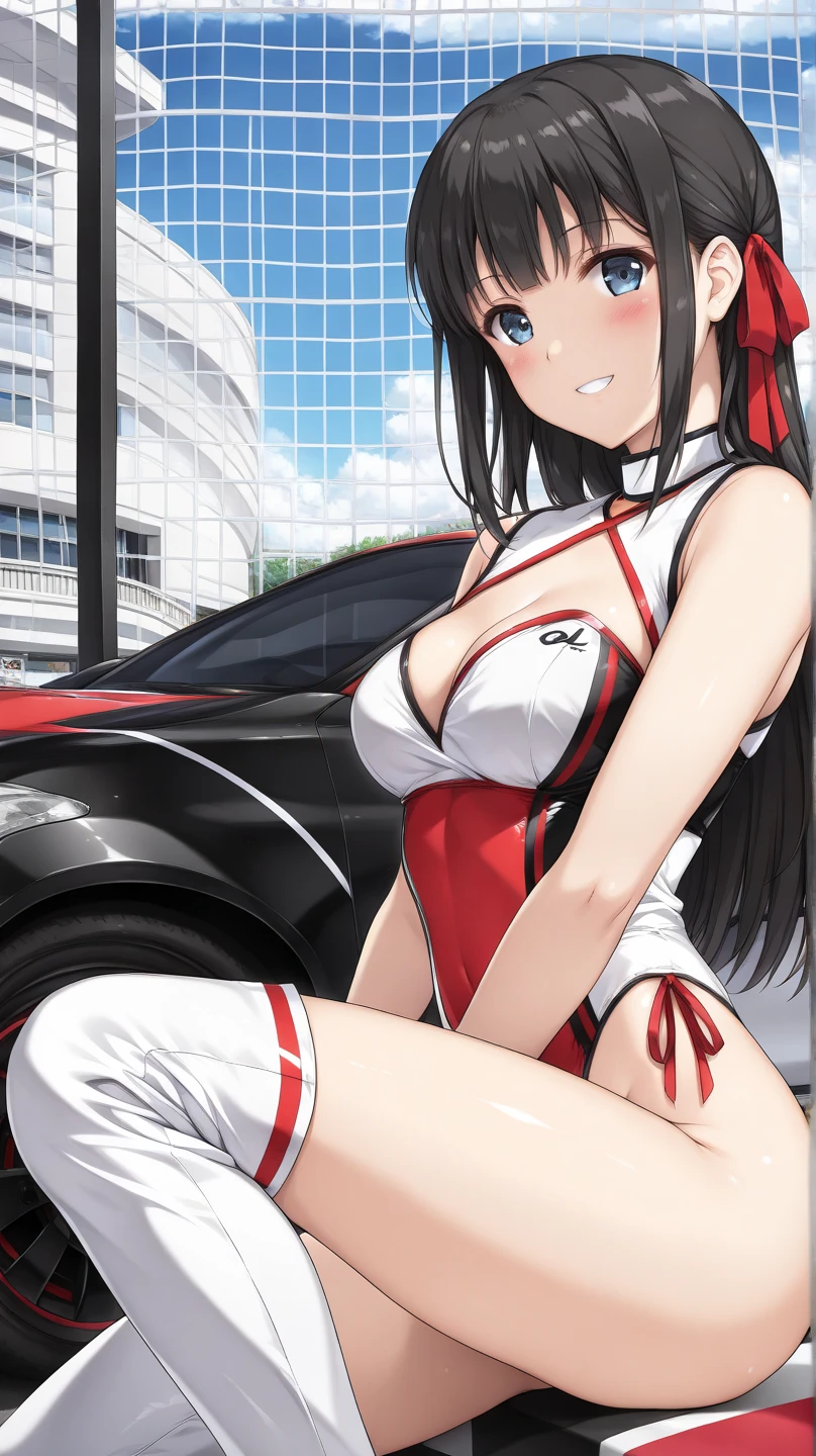 ((Highest quality)), ((masterpiece)), (detailed), Perfect Face, ((Highest quality, 8k, masterpiece: 1.3)), Sharp focus Beautiful woman with perfect body, Slim abdomen, Highly detailed face and skin texture, detailedな目, double eyelid, smile, Black Hair, Heart Earrings, Race Queen, FI turns around, background (Become a car), Race Queenコスチューム, (レザープリーツスカートとブラ:1.5),(You're flipping through your bra to show me your nipple:1.5).