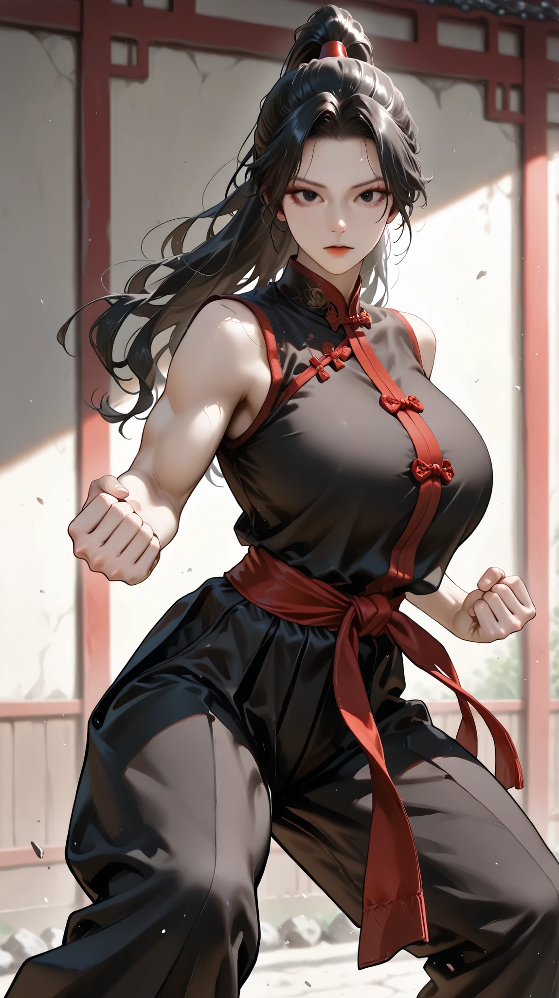 , ,girl, ,biceps,muscular female, alternate muscle size,,pecs, muscular ,muscular shoulder,torn clothes,window, Chinese hair style, hanfu,thick arm,realistic light
