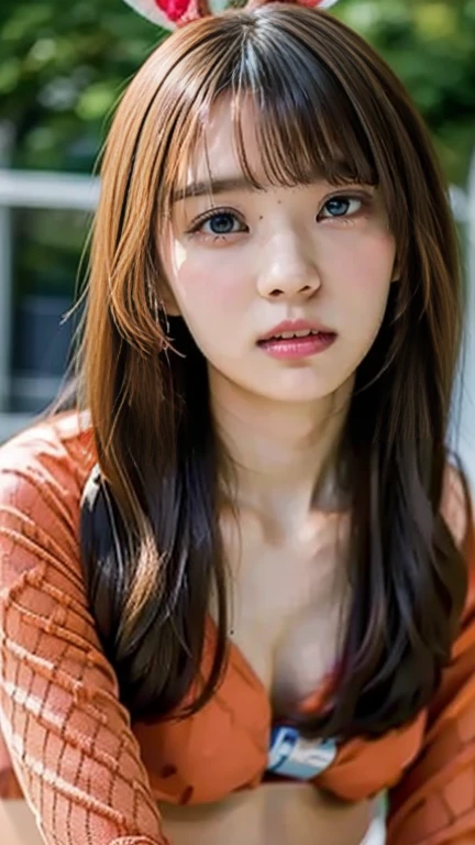 (best quality, 8k, 32k, masterpiece, UHD:1.2), ultra high resolution, (pretty a Korean early teen girl), 13 years old, portrait, beautiful detailed eyes, semi long brown hair, bangs, crowded city street, (detailed background:1.5)