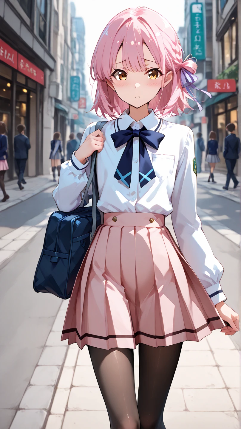 1girl, Walter White, gijinka, waistband, school girl outfit, pastel-colored UNDERWEAR, No skirt, VISIBLE panties, (masterpiece:1.2), (best quality:1.3), (blush), (aesthetic face).