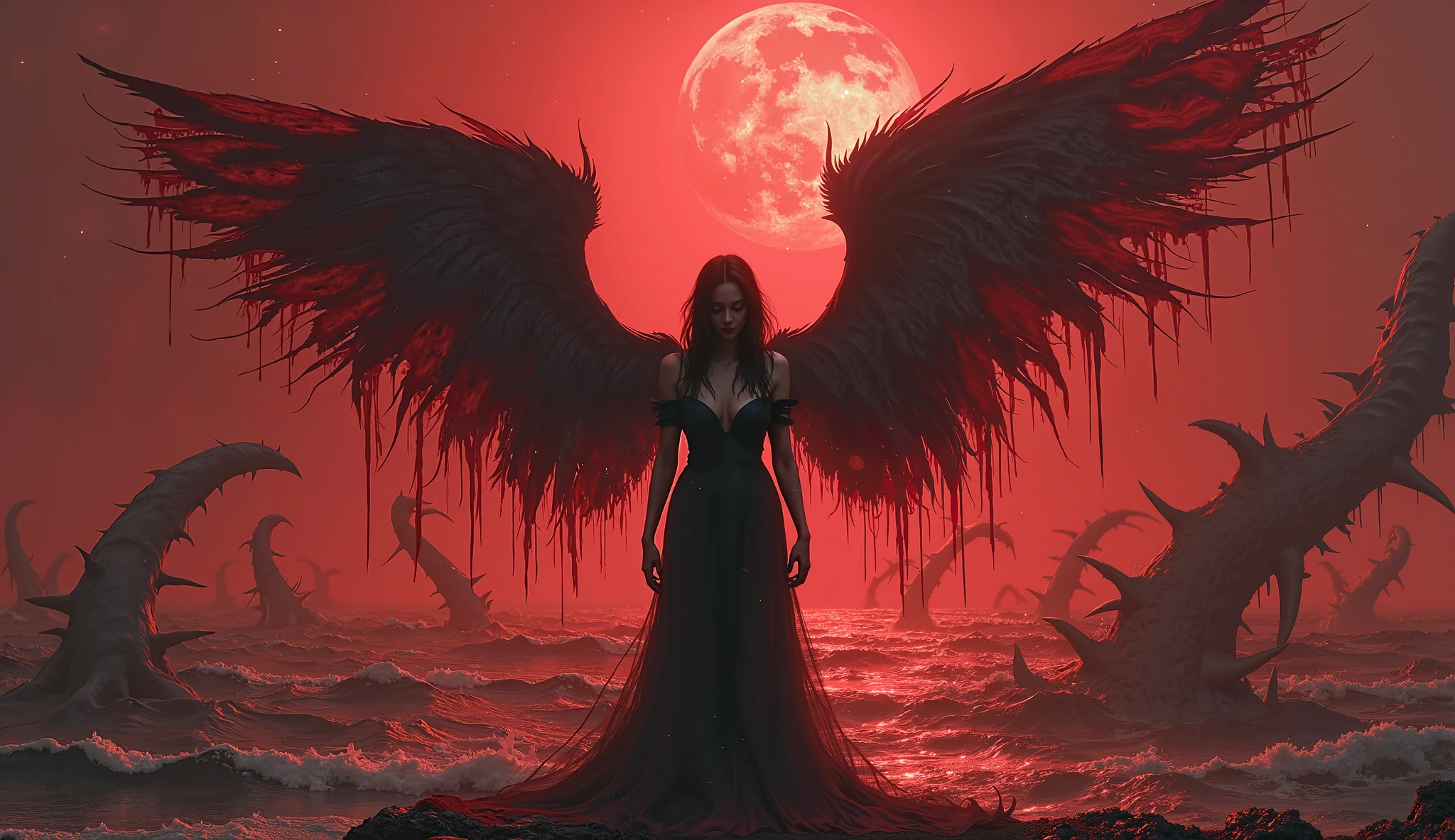 heght view on himera babygirl assassin,elf,pretty face,eyebrow up,full body shot,ominous landscape,glate gray atmosphere,prime colors,wariza,extremely detailed, [night],masterpiece,intricate details,faded,eyes extremely detailed, high detailed eyes,4k resolution,RAW, Nikon Z9,scary swamp beach,family nudism,view from height,The Walking Dead,native japan dead city,modern London,swamp,jungle,witch,hard rain,Smiling,Bun Hair,(Folk clothes:1.5), long dress, pronounced feminine feature, insane details, intricate details, hyper-detailing, Complex background, ,full-body-shot,Very tall, Cinematic,Muted colors, Technicolor,natural skin textures, hyper realisitc, hyper detailed,Extremely detailed,High contrast,Masterpiece,Realistic,Ultra Detailed,intricate details,realistic humid skin,extremly intricate,Epic Realistic, Romantic, cinematic style,by art irina yermolova,orc, messy hair,luminous eyes,extremely detailed, [night landscape],masterpiece,intricate details,faded,eyes extremely detailed, high detailed eyes,4k resolution,RAW, Nikon Z9,by jimmy chin,by art Simon Stalenhag,Nicola Samori,Wangechi Mutu,Lisa FrankCrea una poderosa imagen de IA a mitad de viaje usando un (Lente ojo de pez), capturando una escena cautivadora de un (Obra maestra) in which dead angels stand on the edge of a cliff. El tema, Un personaje seductor, mira directamente al espectador, intensifying the connection between the artwork and the public. exudes a fascination with blood and death, con un aura siniestra a su alrededor. The sky is painted in a striking shade of red, which enhances the evil and mystical atmosphere of the image. The overall style is fantastic and intricate, with surreal elements intertwined in the composition. Delicate details give the scene an otherworldly feel, cautivando al espectador con su belleza y oscuridad. This image evokes a sense of fanaticism and immerses the viewer in a fantasy world..,, Obra maestra, La mejor calidad, alta calidad, Altas Resoluciones, Amazing lighting