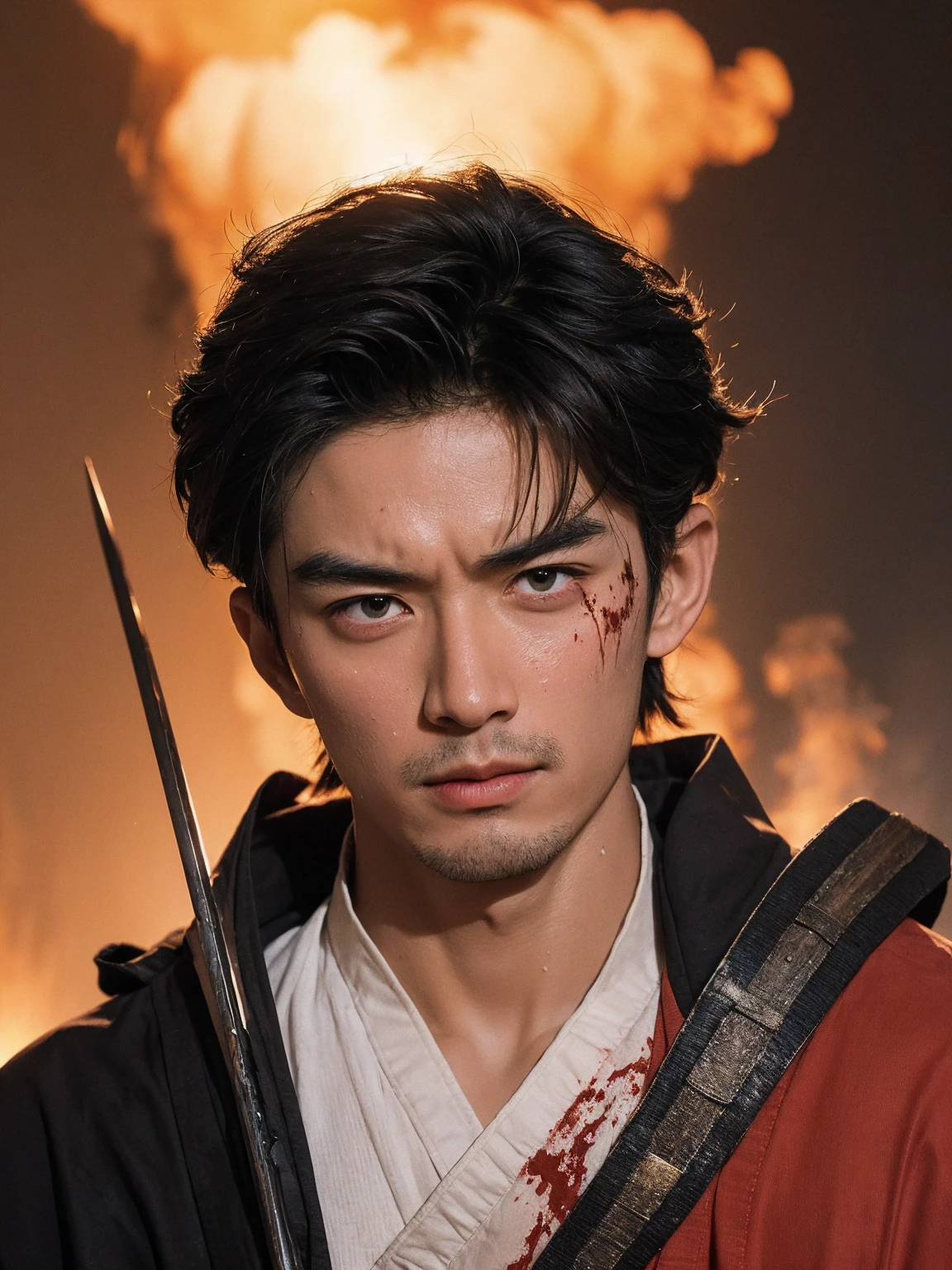 boy with short black hair, Sician warrior clothing, blood stained, and a wolf eye. anime version