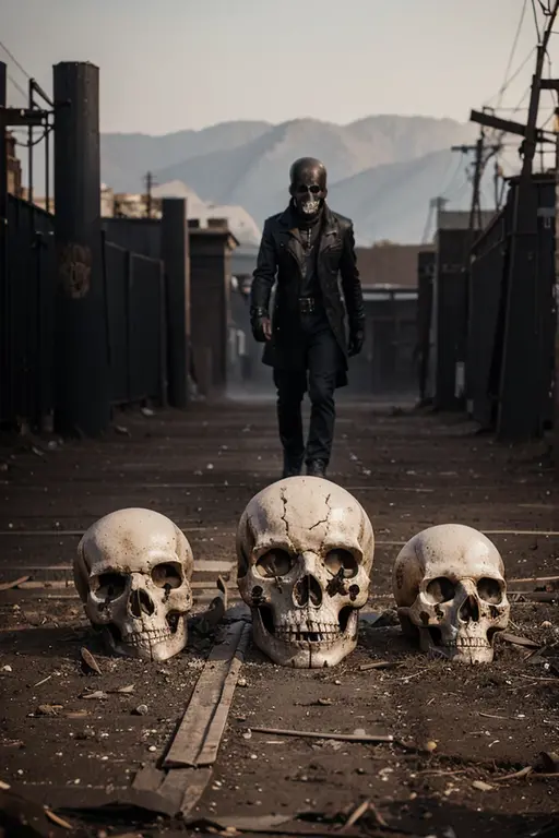 scattered skulls with a background of metal art roots