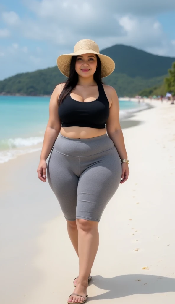 Close-up of a woman sitting on a bench by the sea, tall and big，Slightly fat，Wear tight, simple clothing, Black top, wearing Tight shirt, Tight shirt, Sexy :8, Sexy girl, Thickness, Charming and seductive, Curved model, Tights, Wearing a cute top, Tights, Beautiful lady, Attractive girl, Asian Girls, Stunning beauty