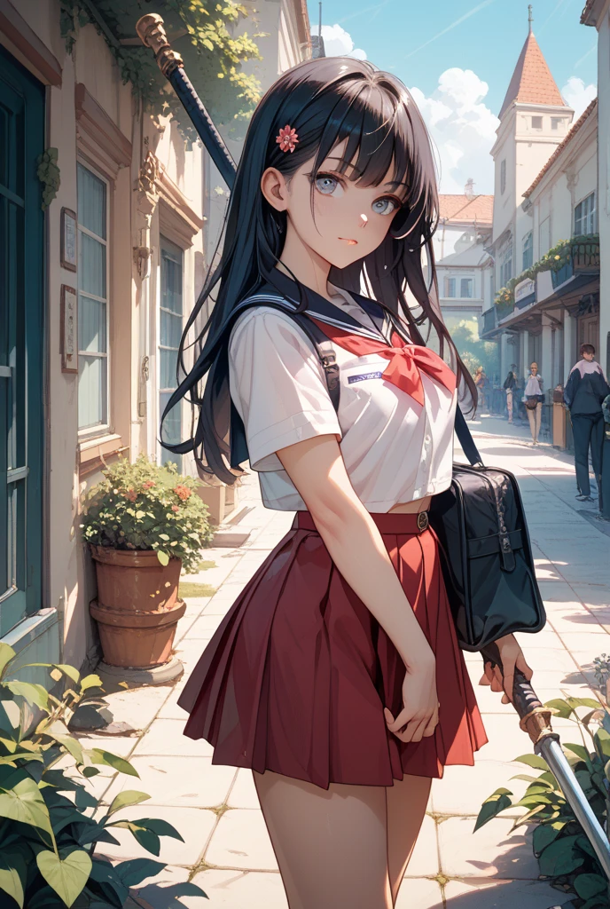 A high school girl is in a uniform, her skirt is pulled up, and when she turns around, she has blue eyes, blush: 1.1, disgusted face: 1.0, frilly underwear, cherry blossom trees, background blur,