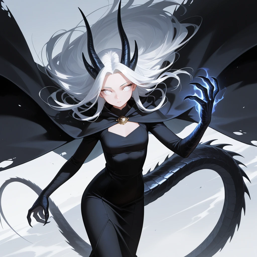 1woman in a dramatic pose with platinum long flowing hair, strong emotions, dragon tamer, full body portrait, white horns on head, detailed facial features, photorealistic, dramatic lighting, fantasy, cinematic, intricate details, vibrant colors, digital painting