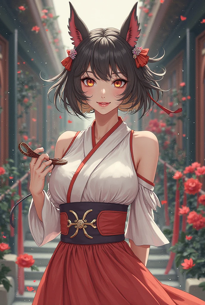 Shrine maiden clothes, shrine background, slim body, medium breasts, elegant pose, pixie cut hairstyle, brunette hair, front view