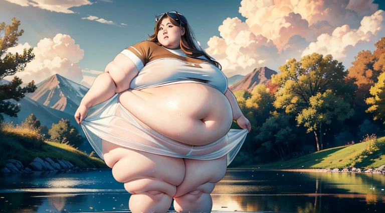Rule_of_thirds, 1 girl, extremely obese, (obese belly):1.8, (obese legs):1.5, fat rolls, massive USSBBW body,soft massive obese USSBBW belly, cute chubby feminine face, sensual pose, soft obese USSBBW thighs, soft obese USSBBW legs, soft obese USSBBW breasts, soft obese USSBBW arms, soft chubby USSBBW hands, soft chubby USSBBW feet, Serene expression, mesmerizing eyes, gorgeous supermodel face, straight long blonde hair, elegant transparent dress, poised posture, porcelain skin, subtle blush, SFW, fat ripping through clothes, angelic,
BREAK
golden hour, (rim lighting):1.2, warm tones, sun flare, soft shadows, vibrant colors, painterly effect, dreamy atmosphere, heavenly,
BREAK
scenic lake, distant mountains, willow tree, calm water, reflection, sunlit clouds, peaceful ambiance, idyllic sunset, ultra detailed, official art, unity 8k wallpaper, zentangle, mandala