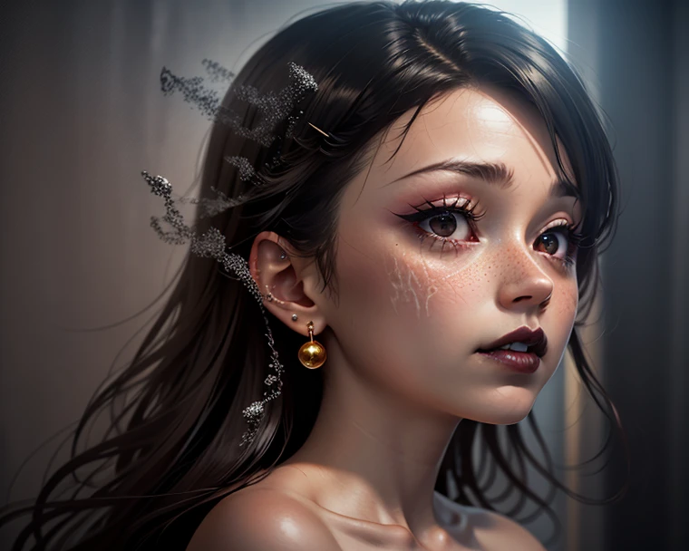 Create an image of a young woman, approximately 27 years old, presented as a superior entity or goddess from a tribal culture. The focus should be on the face, in close-up, captured at a specific oblique angle. She has light red, medium-length, slightly curly hair, adorned with delicate tribal-style tattoos that stretch across her face and neck. Furthermore, she must be adorned with tribal adornments, such as necklaces, earrings or crowns, highlighting her divine position. Her eyebrows should be finely shaped, and her eyes should be almond-shaped, light brown, expressive and medium in size. Her nose is delicate and slightly upturned, with discreet nostrils. Her lips are pink and slightly plump, showing a gentle and welcoming smile, with a subtle shine on her teeth. Her skin is clear and luminous, with a flawless, naturally radiant complexion. The expression on her face is majestic and confident, conveying a sense of power and wisdom, with a direct and engaging look. Please ensure that the generated image captures her full divinity and captivating personality, with accurate and realistic details in her physiognomy, facial expression and tribal adornments."