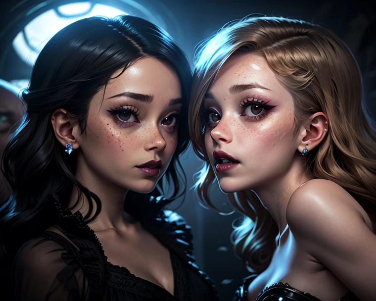 A realistic rendering of a David Wright style illustration of a very close shot, ultra close shot on the breasts  of  three girls, 3   pert, nubile, thin,  Freckled, teen   girls,  best quality, one's open mouth positioned close to the other's nipple, one's nipple positioned close to the other's mouth, with 50s style, very short, brown and blonde hair, topless, bare breasts, small breasts, little breasts, tiny breasts  pink nipples , puffy nipples , exposed nipples ,  wearing glowing, neon, pastel colored body harnesses, black leather, black lace,  open blouse, undressing,     uniform, partially clothed,  silver art deco design background