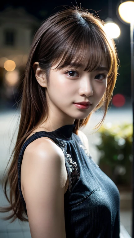 ​masterpiece、1 beautiful girl、A detailed eye、Puffy eyes、top-quality, 超A high resolution, (Realisticity: 1.4), japanes、Asian Beauty、Korea person、Super beauty、Beautiful skin、A slender、The body is facing forward、(A hyper-realistic)、(hight resolution)、(8K)、(ighly detailed)、(beautifully detailed eyes)、(ultra-detailliert)、 (wall-paper)、A detailed face、Bright lighting、profetional lighting、looking at viewert、Facing straight ahead、Black knitwear、46-point diagonal bangs、nighttime scene、Brown hair、Nogizaka Idol、Korean Idol、hposing Gravure Idol、actress、25-years old、tall,