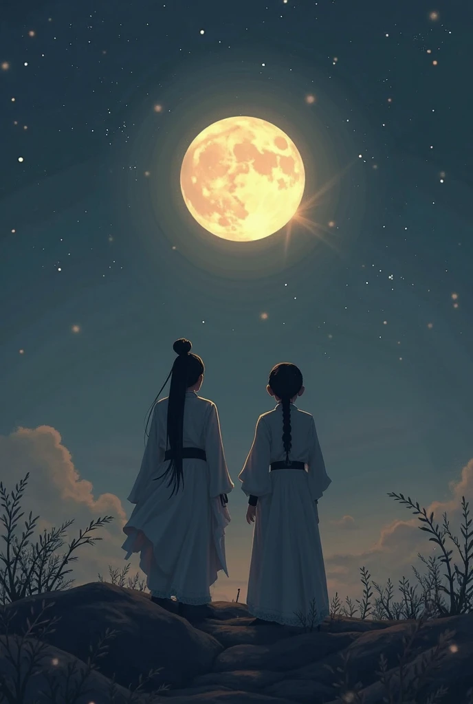 Sit in the moonlight,The male smiled cheerfully,Surrounded by a little starlight,A gentle breeze blows,Gentle clouds drift in the sky,Creates a peaceful and romantic atmosphere。