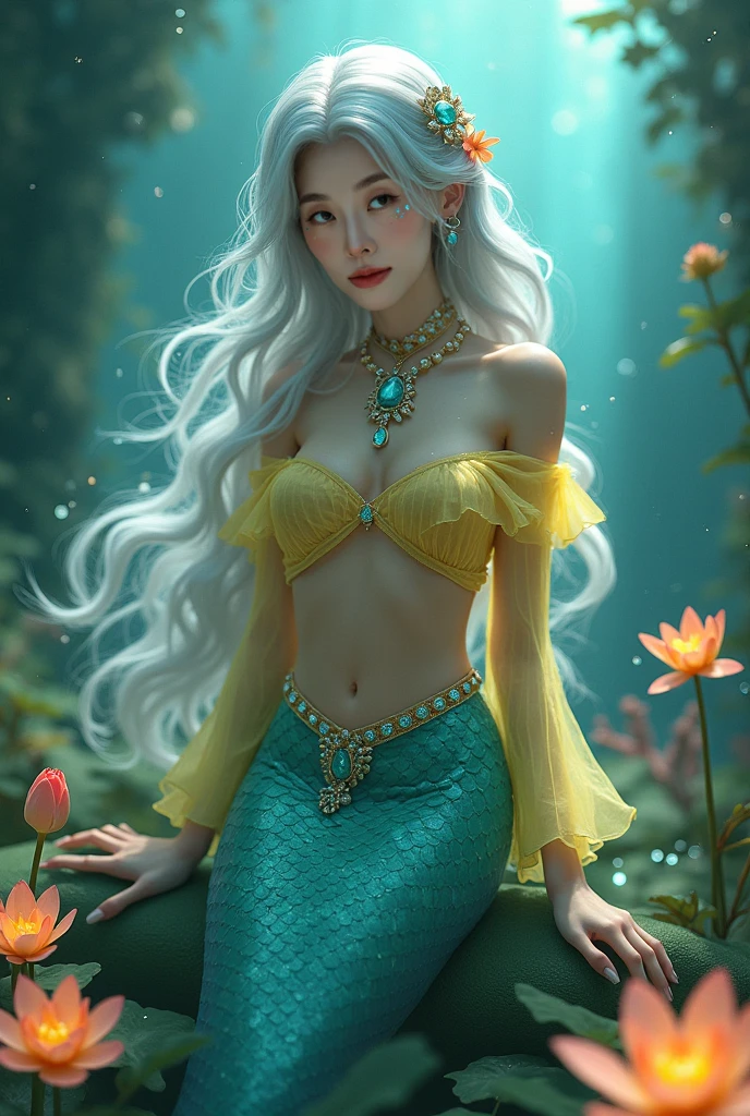 A young woman with voluminous hair in shades of blue and green, rippling like the waters of the ocean. Her hair is adorned with small shells and pearls that shine softly. Your eyes are a sparkling emerald green, with makeup in shades of blue and gold that recalls the depths of the sea. Your skin has a pearly glow, as if reflecting the light of the water. Ao fundo, there is a soft texture of corals and seaweed in pastel tones, that complete the underwater environment. 8 k quality, mystical and ethereal style.