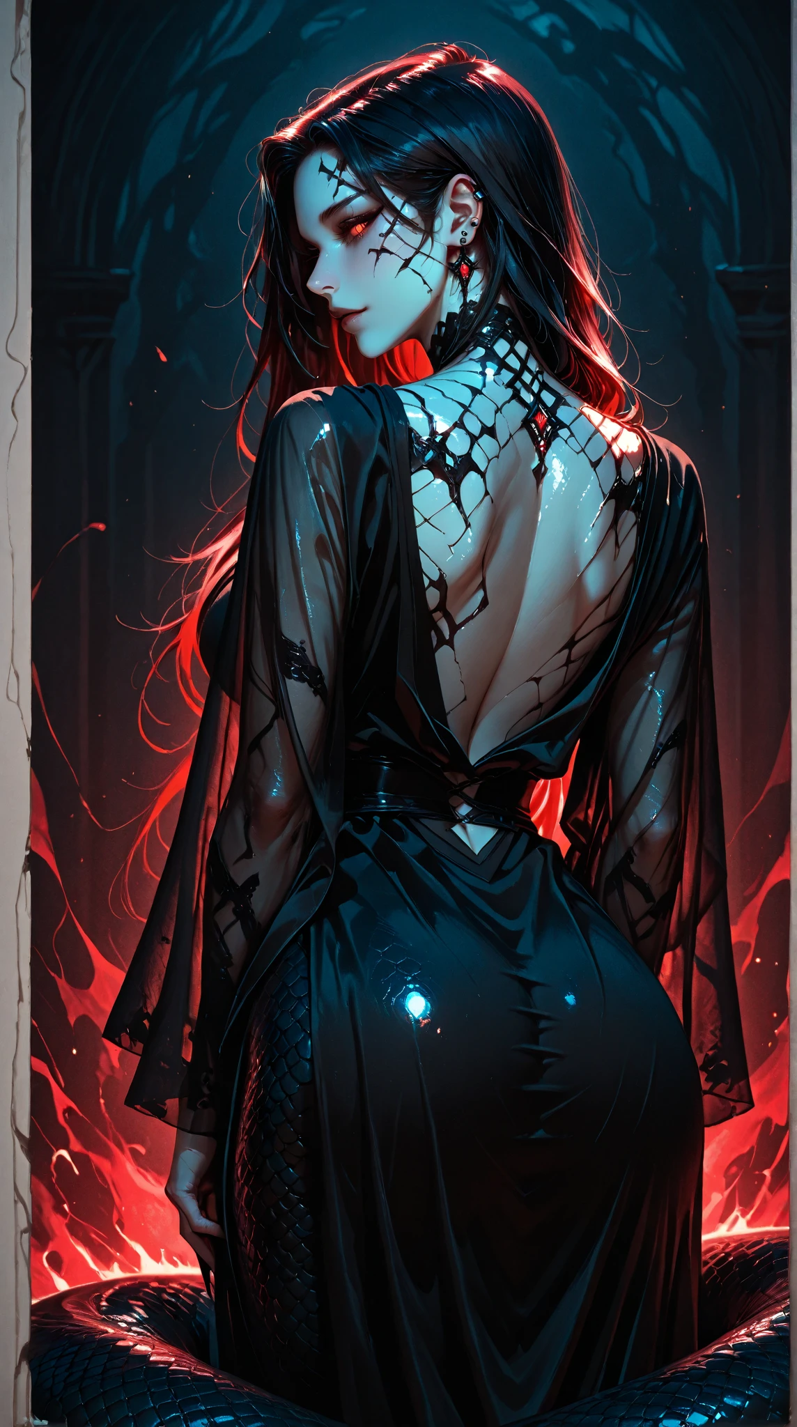 "In this visually striking piece of digital art、Journey into a world of fantasy and wonder。. A mysterious woman with long red hair and seductive black clothing stands in a lush forest。, Her body is、Adorned with intricate tattoos that seem to come to life in the bright sun。."