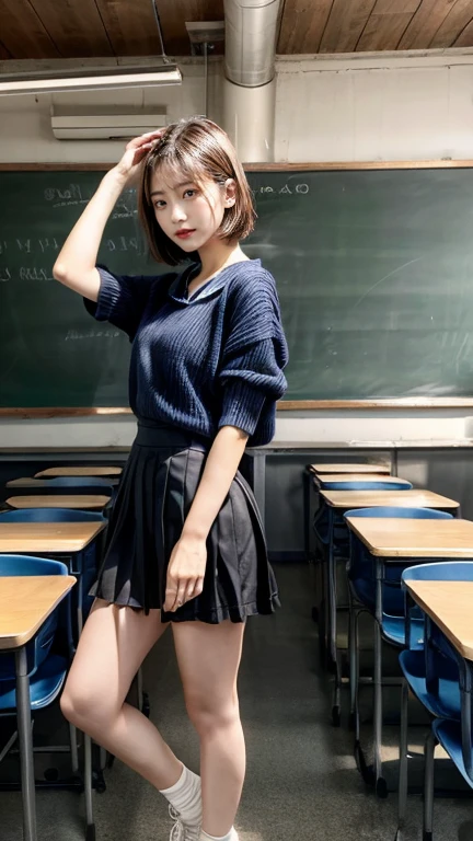blue tshirts，Superskirt，sittinng on the desk，The cheeks are flushed，girls，Expose out the tongue，Black bangs，‎Classroom，Five fingers