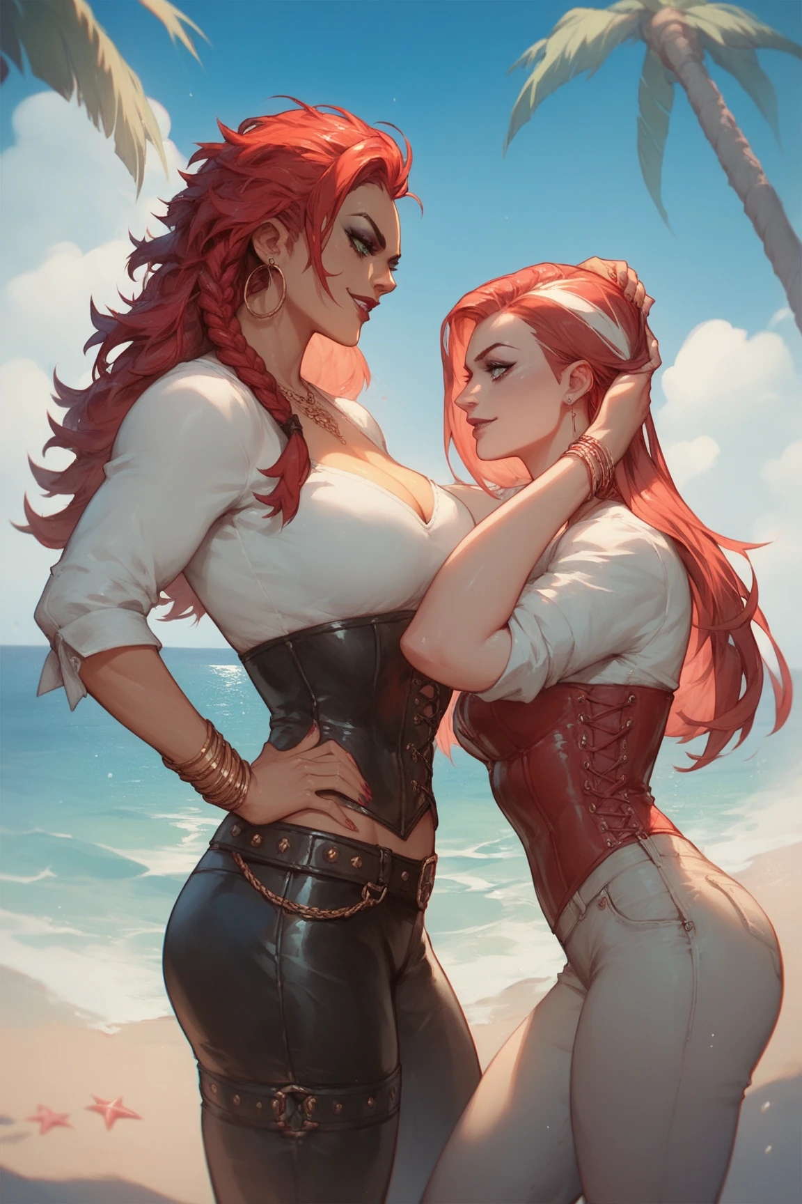Two beautiful women with long braided red hair and mid wavy blond hair, respectivetly, with blue eyes wearing a Blue Tight Jeans Skirt With Black Leather Belt, a Sexy Criss Cross Mock Neck Mid Sleeves Blouse, ((luxurious jewelry)), standing in a balcony at night, hugging closely and kissing each other (white skin), (red lipstick), (elegant mascara), (slim body with abs), (small breasts) midjourney, <lora:GoodHands-, <lora:GoodLegs-, UHD, high resolution, (masterpiece:1.1, best quality), (expressive eyes, perfect face, full body, expressive face, perfect body, athletic, fit, slim body, blushing, Perfect makeup, eyeliner, beautiful eyelashes, smiling, horny face), ((Red Blouse)), ((Black Blouse)), ((best illumination, best shadows)), ((lesbian kiss)), ((grabbing each other's ass))
