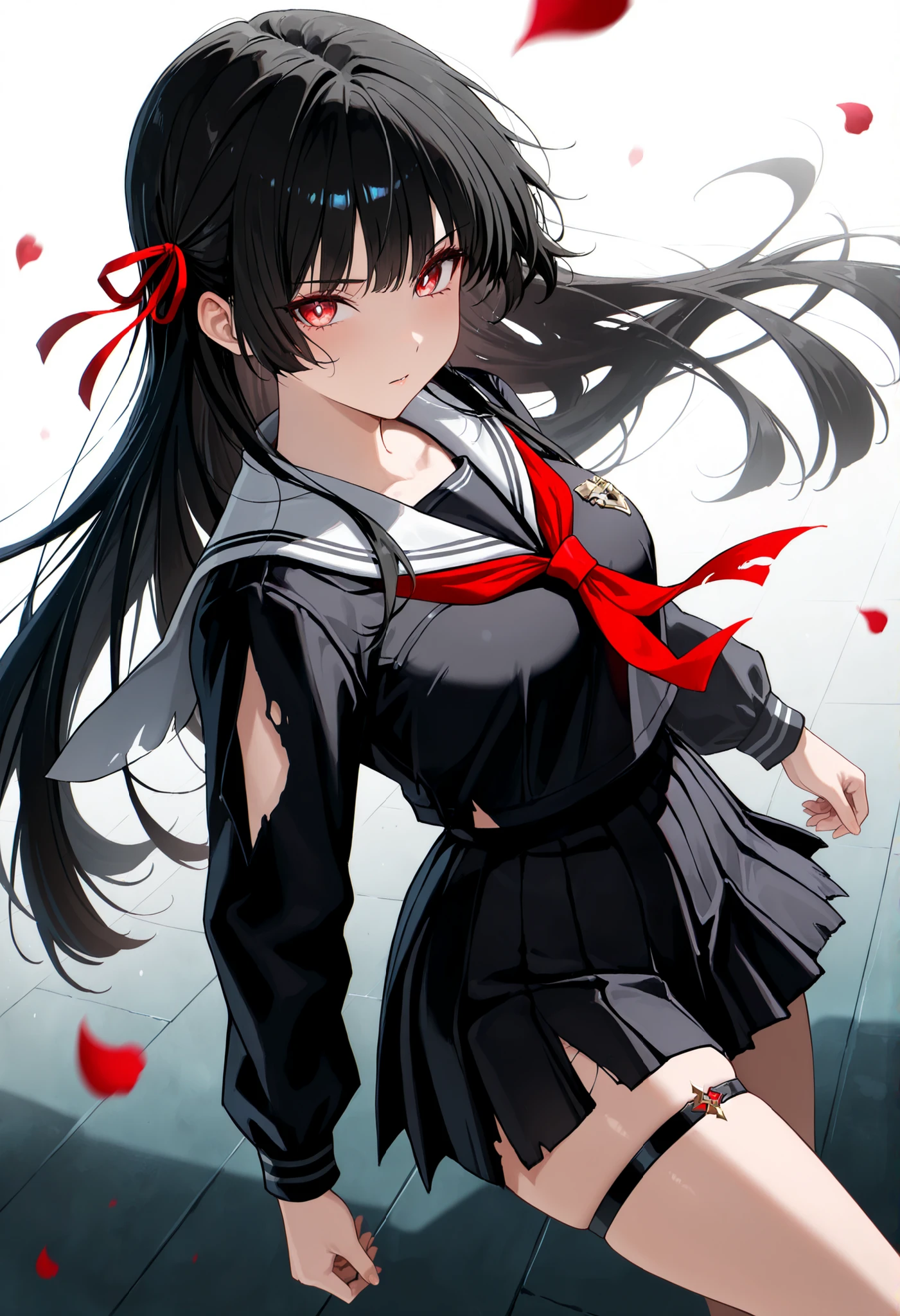 ((SOLO))high dynamic angle, anime-style illustration features a young woman, Her expression is focused and intense, highlighted by striking red eyes and dark hair that flows around her face. She is adorned in a black and red outfit, with the top artistically designed to appear tattered, giving an impression of battle readiness or recent combat. The skirt is pleated, maintaining a traditional schoolgirl aesthetic often seen in anime. The background is stark white, which emphasizes the vivid red and black color palette of the character, adding a sense of isolation and intensity to the scene there are rose petals flying. The overall mood is one of fierce determination and readiness, capturing a moment of poised suspense and action. (chisa, red eyes, black hair, long hair, hair ribbon, red ribbon, ((black colored school uniform)), serafuku, sailor collar, torn clothes, thigh strap)
