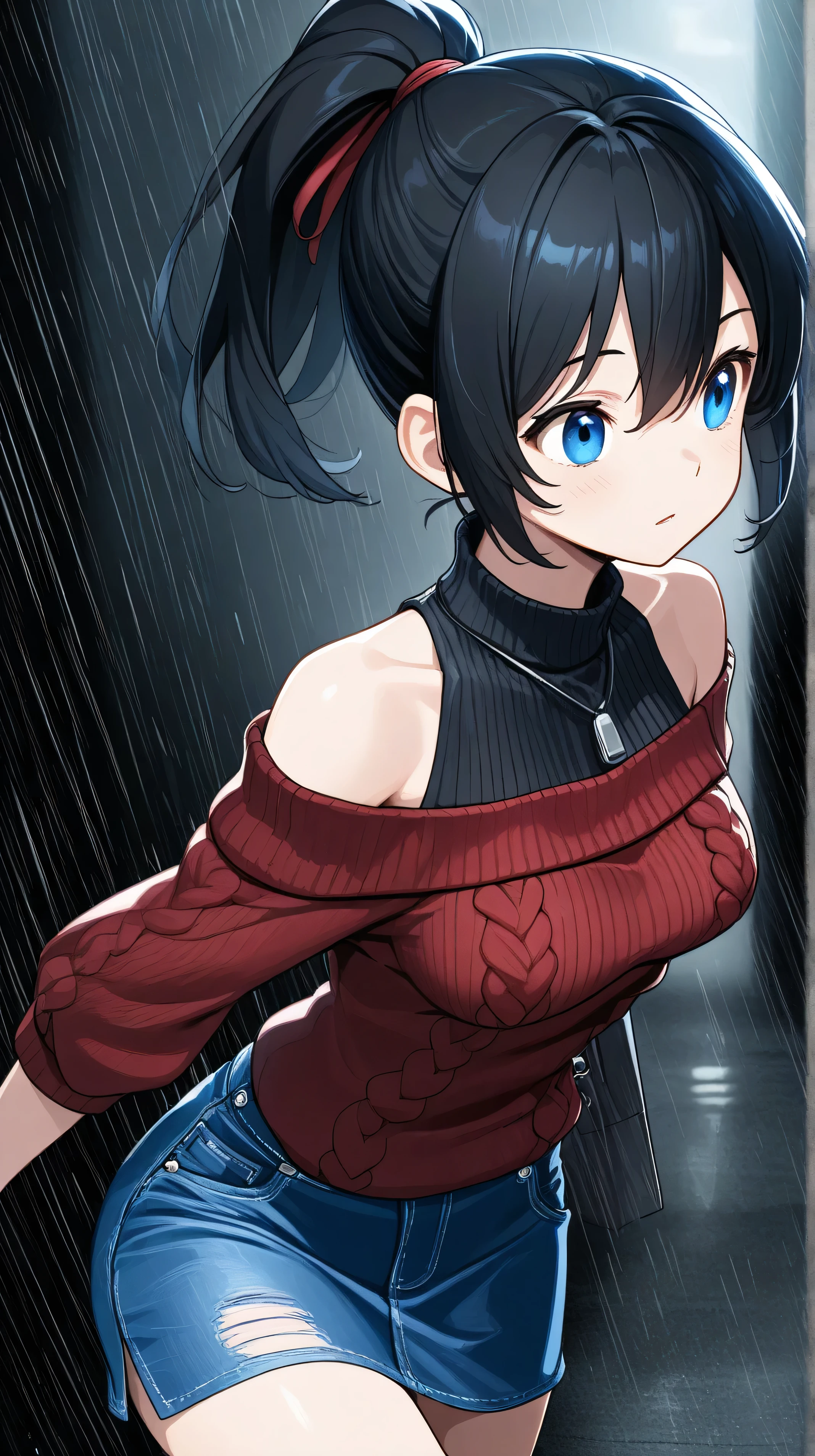 blue denim skirt, black hair tied back in a ponytail, blue eyes, black Polo neck blouse, gray off-the-shoulder sweater, walking in the post-apocalyptic rain background, HD, mobile wallpaper, medium breasts