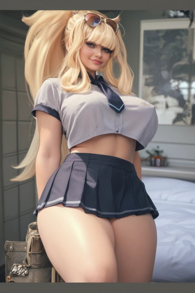 (masterpiece), best quality, expressive eyes, perfect face, (classrom window background), (standing), (smirk), (1girl, kuro gyaru, dark skin Asian, tan skin asian, dark skin, tan skin, tan, bleach blonde hair, bleach blonde hair asian, curly hairstyle with bangs, hair bangs, green eyes, asian eyes, hourglass figure, skinny body, petite_body, short height, large breasts, huge breasts, oppai, thick legs, long fingernails), ((navy_blue_suit_jacket), (white<button_shirt), cleavage exposed, (red_plaid_pattern_pleated_mini_skirt), (white_stockings), (black_heels)),