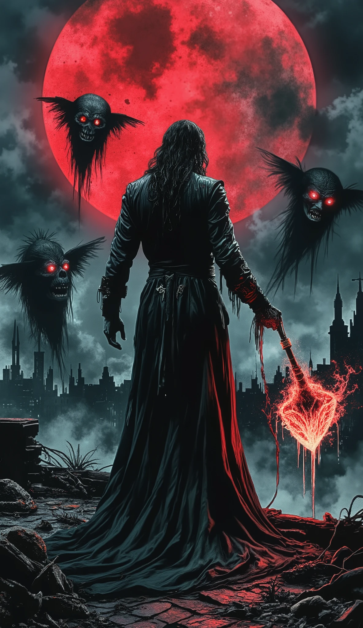 A dark, gothic hunter wearing a tattered trench coat and glowing runes on their arms, standing on a crumbling rooftop under a blood-red moon. Around them swirl eerie, shadowy entities with distorted faces, trying to escape. The hunter holds a glowing, arcane net infused with light and ancient symbols, mid-motion as it captures a monstrous, nightmarish creature made of smoke and teeth. The background shows a haunted cityscape filled with fog and broken buildings. Ultra-realistic, cinematic lighting, dramatic shadows, horror-fantasy vibe.