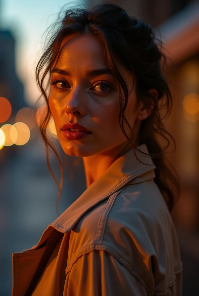 A stunning portrait of a girl in a white shirt and blue pants. Seus olhos se enchem de curiosidade, refletindo sua natureza curiosa. Coloque-a em um ambiente urbano movimentado, com luzes da cidade iluminando a noite. The contrast between his innocence and urban chaos is captivating. Foto tirada por Annie Leibovitz com uma Canon EOS 5D Mark IV e um 50mm f/1.8 lentes. Use neon city lights for dramatic cinematic effect. 8k, ultra-HD, Super-Resolution