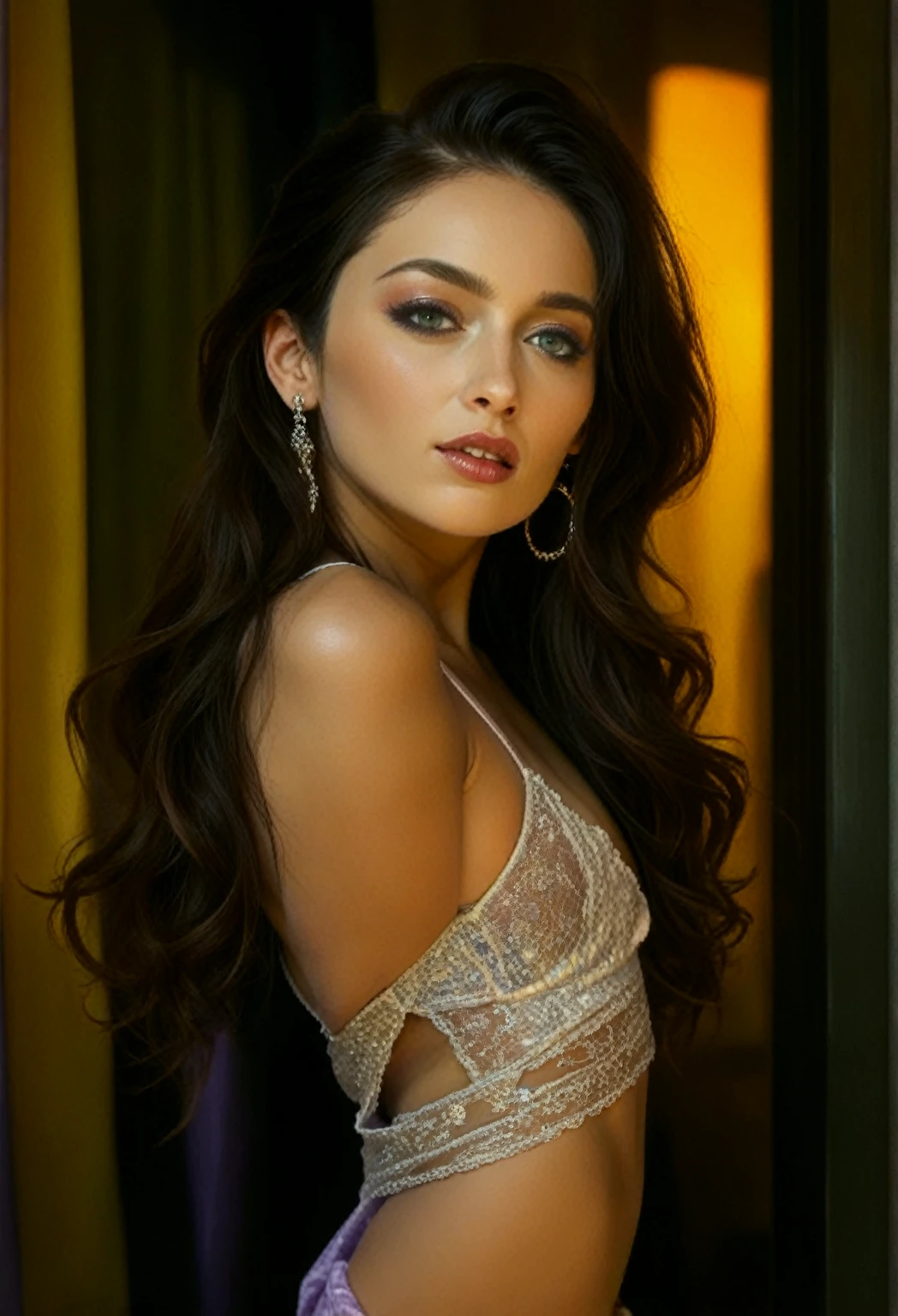 Generate a captivating Instagram-worthy night photo for a 22-year-old brunette beauty with azure eyes. Imagine her leaving a nightclub, in a natural but confident pose, holding a glass of champagne, perhaps with a subtle smile, emphasizing her magnetic allure. Incorporate warm lighting to enhance the richness of its features. The background could be a mix of neutral tones to emphasize its presence. Create a caption that resonates with authenticity and confidence, like “Embrace the essence of attractiveness in every look.” 🌟