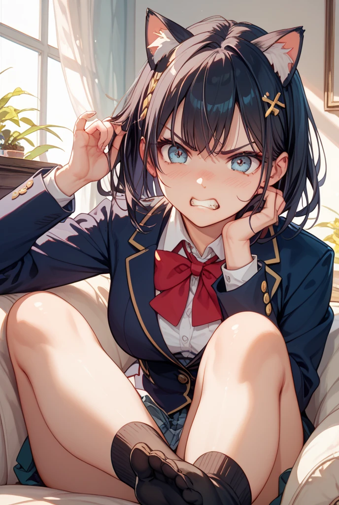 handjob,Sit on a chair,uniform,shirt,Checked tie,Checked Skirt,Navy Socks,first round,(1girl,Beautiful 14 year old girl),((Slender,,low length,Small breasts,Thin legs,Small Ass,Baby Face,Small face)),lick,open mouth,tongue out,cum on tongue,front face,from front,looking at viewer, looking ahead,from above,cowboy shot,Black Hair,two side up,Gray Eyes,Drooping eyes,slit pupils,narrow eyes.middle School girls,Beautiful and detailed anime art,Mischievous smile,Sexy vibe,Dimly lit room,On the bed,Simple Background,Gray background,Low lighting