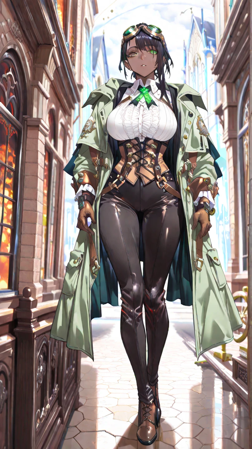 A woman with short bob haircut white silver platinum hair, choppy bangs, arched crescent eyebrows, sharp and determined eyes, a delicate oval face, a serious expression, a fantasy-style dark green military coat, draped with a dark red cloak, leather combat boots, silver greaves leggings, this character embodies a finely crafted fantasy-style female military officer in anime style, exquisite and mature manga art style, pale skin, big breast knockers cleavage