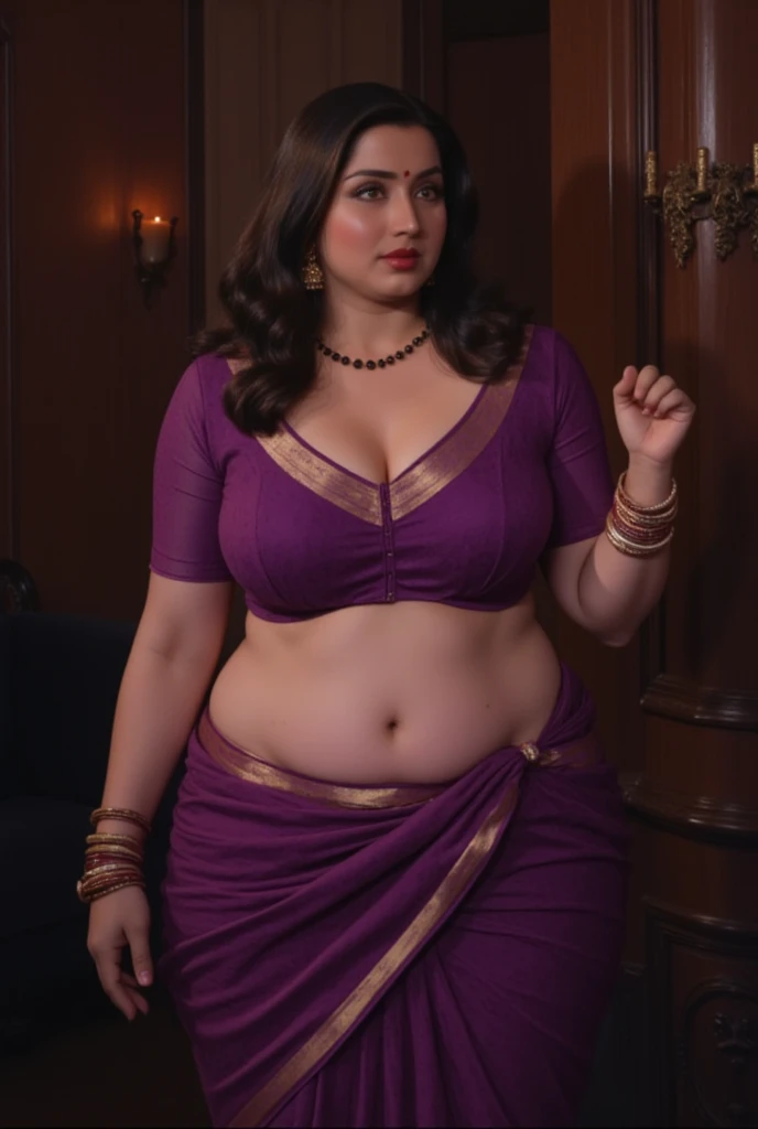 Indian bbw chubby cute 35 years old marriage women lifelike, high - resolution 1 bbw women with a perfect figure Super fine face and eyes, slong hair, small Tank top dark bluecolors, Wearing a traditional saree, bulky figure, huge big extra large and , full body ,looking front ,big butt, fair complexion, pond backgrounds. Big breast, Plus size, body back pose